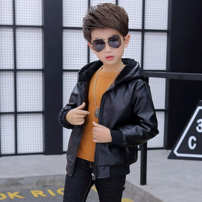 Plus Velvet Winter Boys Leather Jacket Keep Warm Fashion Hooded Waterproof Children Outerwear 2-13 Years Teenagers Kids Clothes