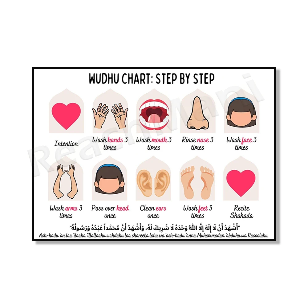Girls and Boys Wudhu Chart, Visual, Islamic, Educational Poster for Children, Prayer, Namaaz, Guide, Good, Deeds, Simple, Love