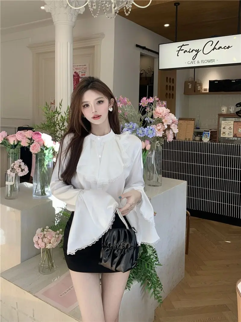 French Style Flared Sleeve Shirt Women\'s Autumn New Design Satin Shirt Gentle and Slimming Cardigan Top