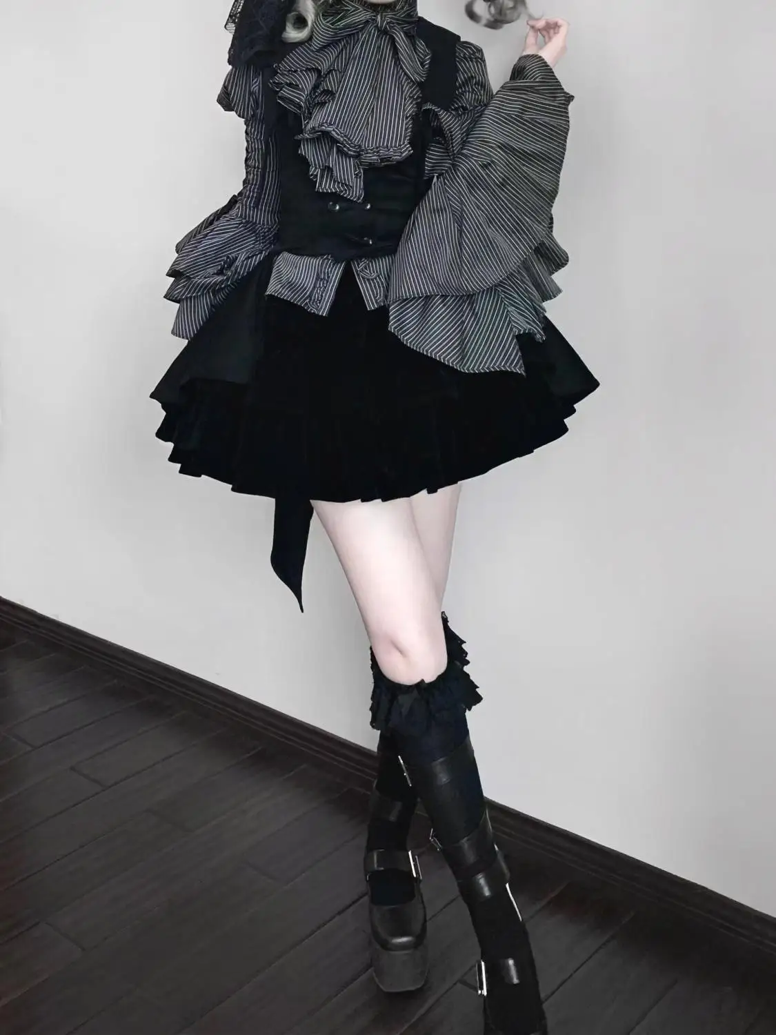 Gothic Style Striped Print Bandage Lolita Patchwork Blouse and Skirts Sets Long Sleeve Autumn Spring High Waist Cake Skirt Suit