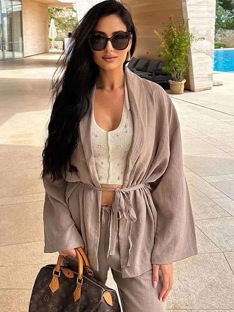Frauen Khaki Hosen Set Langarm Kordelzug Strickjacke + Feste Elastische Taille Baggy Hosen Casual Lose Urlaub Stil Roupas