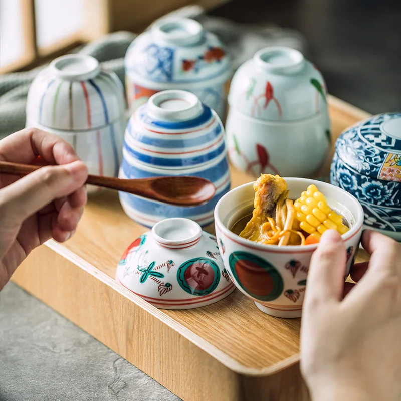 Hand Painted Slow Cooker Japanese Ceramic with Lid Stewing out of Water Bowl Bird's Nest Dessert Slow Hotel Commercial