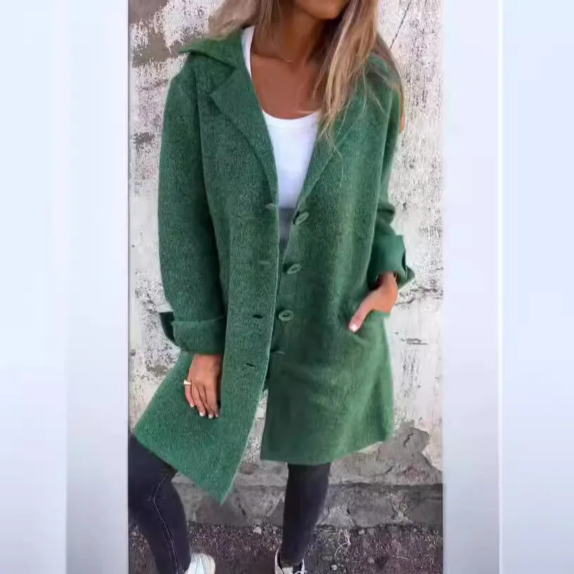 Cardigan con colletto in puro colore da donna autunno inverno con bottone singolo cappotto di lana di media lunghezza transfrontaliero New Sle