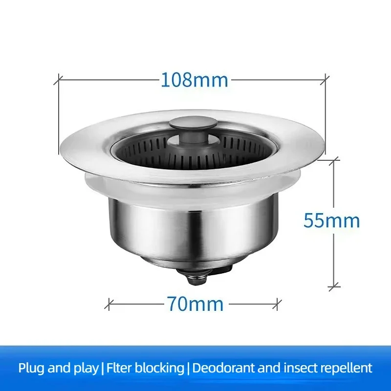 Kitchen Filter Sink 3 In 1 Pop Up ABS Silver Plated Sink Strainer Drain Basket Stopping Blockage Bouncing Core Leak-proof Plug