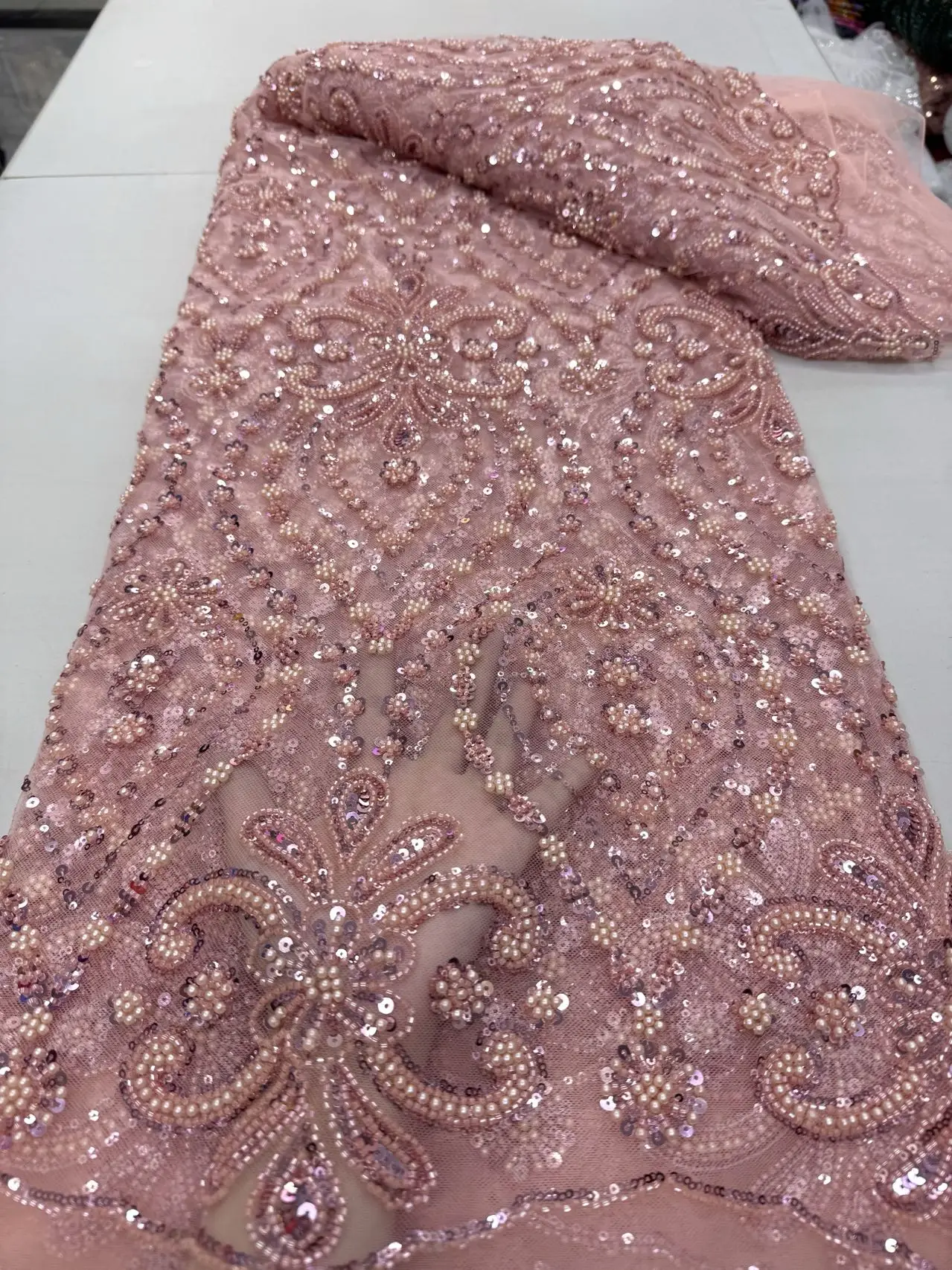 

African Nigerian Sequins Embroidery Tulle Lace Fabric High Quality Beads Stone Prom Dresses Sewing Guipure 5 Yards JY423 2025