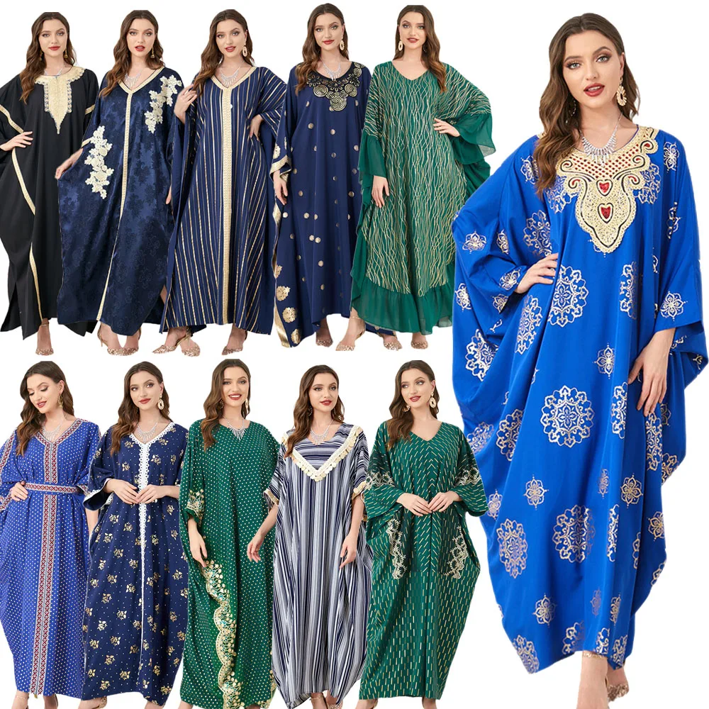 

Muslim Women Abaya Eid Bat Sleeve Loose Maxi Dress Turkey Kaftan Dubai Arab Islam Clothing Robe Femme Robes Morocco Caftan Gown