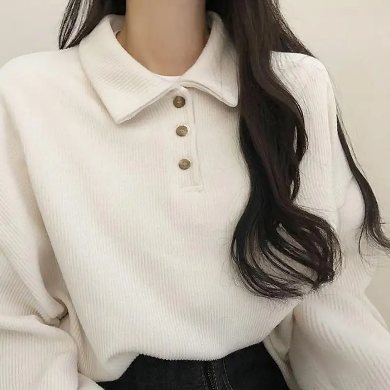 Velvet Thickened Warm Sweatshirt Women New Button POLO Collar Long-sleeved T-shirt College Style Loose Top Ins Trendy