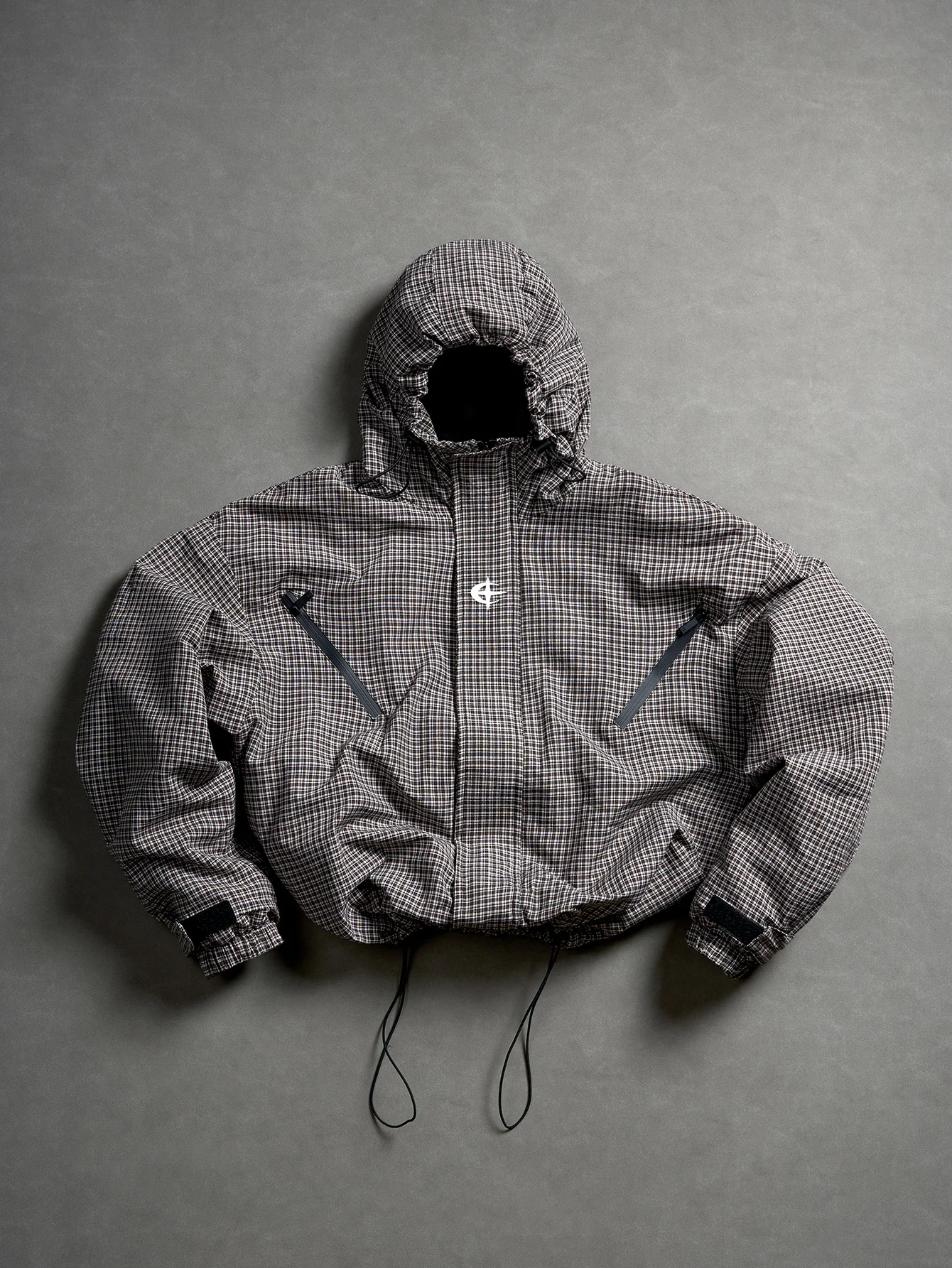 Men's Retro Fine Plaid Hooded Jacket, Short Loose Functional Style Coat, Diagonal Zipper Pockets, Drawstring Hem, Velcro Cuffs, Autumn Street Casual Men's Top