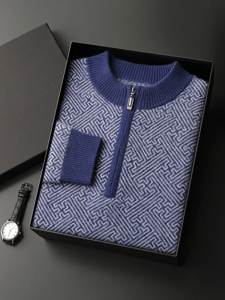 Half Zip O-Neck 100% Cashmere Sweater Men Knit Pullover Business Casual Shirt High Quality Autumn Winter New Soft Thick Warm Top