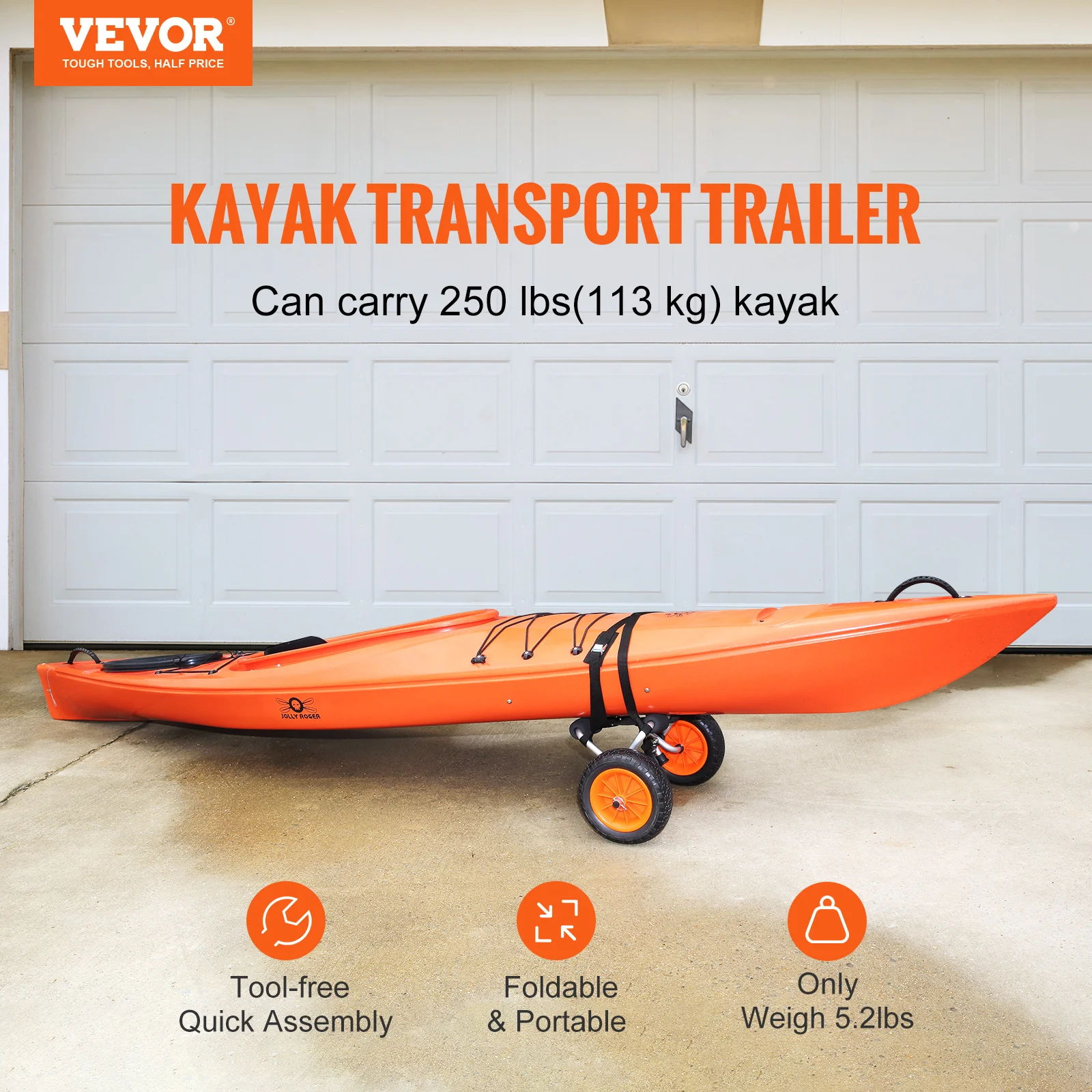 VEVOR Heavy Duty Kayak Cart,Foldable Canoe Trolley Cart with Solid Tires,Nonslip Support Foot & Tie-Down Strap,for Kayaks Canoes