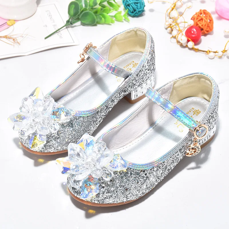 High-grade Girls Crystal Shoes Stylish Shiny Diamond Children High Heels Catwalk Show Performance Wedding Princess Leather Shoes