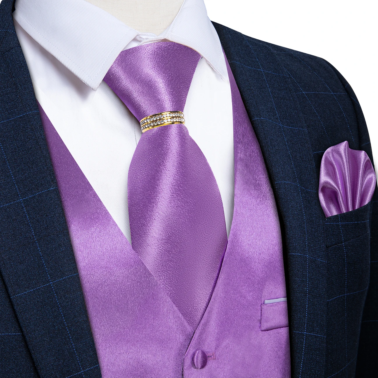 Lavender Solid V-Neck Vest 5Pcs Set Tie Pocket Square Cufflinks Gold Ring For Wedding Guest Evening Banquet