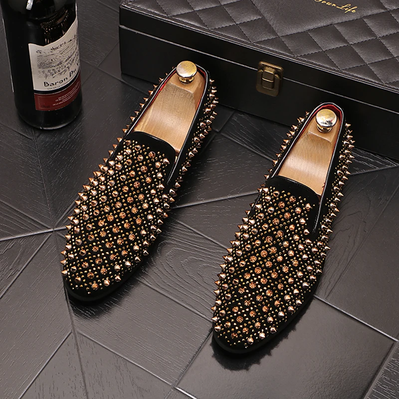 men fashion hip hop rock dress rivets shoes slip-on spikes studded shoe black gold cow suede leather loafers designer footwear