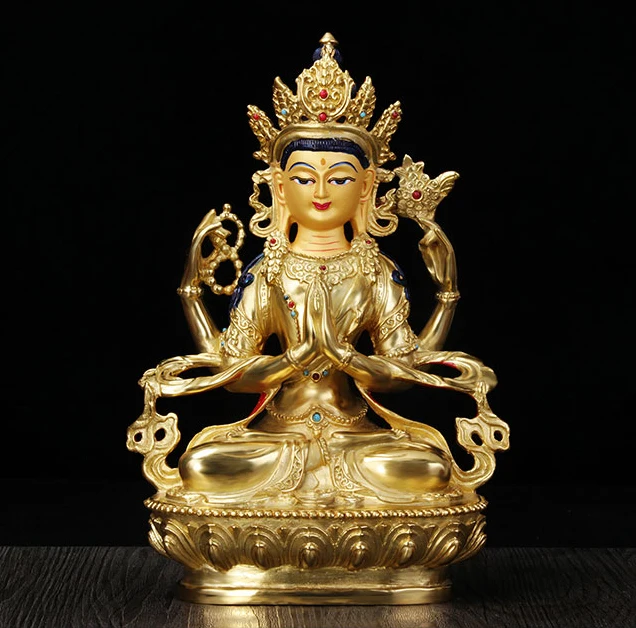 

Wholesale Buddhist supplies patron saint Tibet Nepal gold-plating brass Four-arm Guanyin Buddha HOME Family GOOD Buddha statue