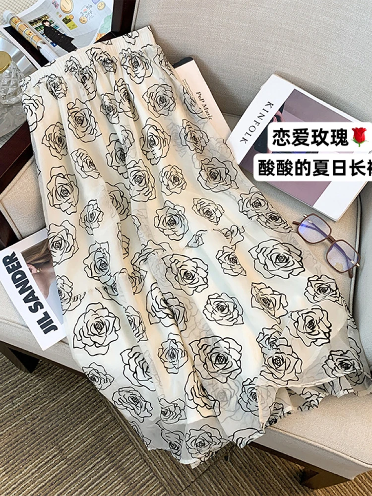 Women's White A-line Skirt Vintage 90s Aesthetic Y2k Long Skirt Harajuku Korean Floral Skirt 2000s Fashion Clothes Summer 2024