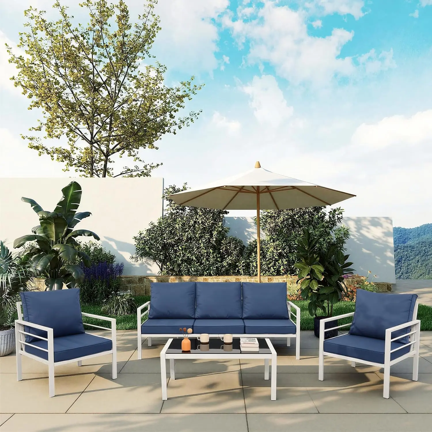 Aluminum Patio Furniture Set 4-Piece Sofa Loveseat Glass Coffee Table No-Slip Cushion Waterproof Cover Navy, Customized