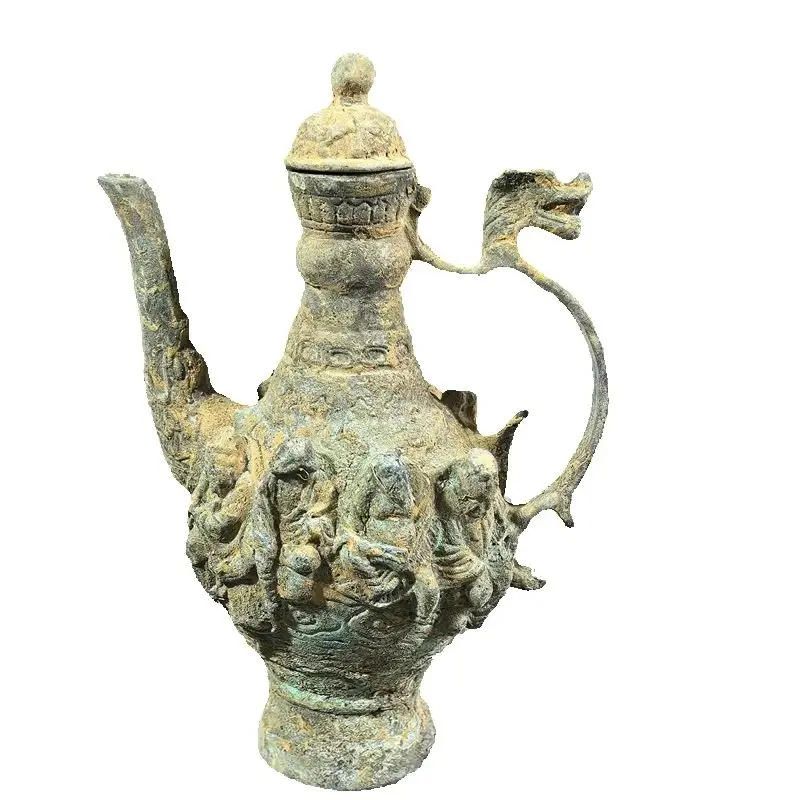 Vintage Bronze Dragon Pot with Eight Immortals Pattern Collectible Handle Wine Teapot for Home Decor And Cultural Collectibles