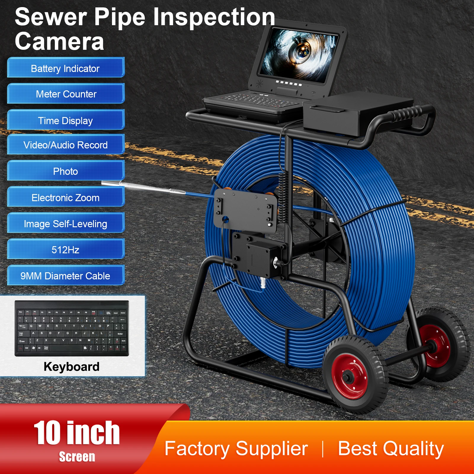 200M 9mm Self-Leveling 512HZ Night Vision CMOS H.264 Sewer Pipe Inspection Camera with Waterproof Brake Meter Counter