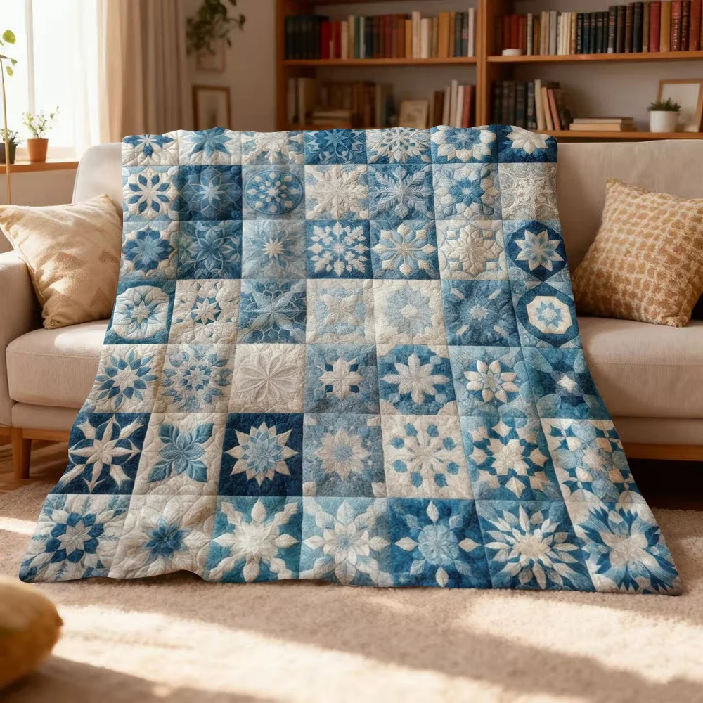 Vintage Blue And White Geometric Quilt Throw Blanket Retro Star Patchwork Print Soft Cozy Wrap For Bedroom Couch And Rustic