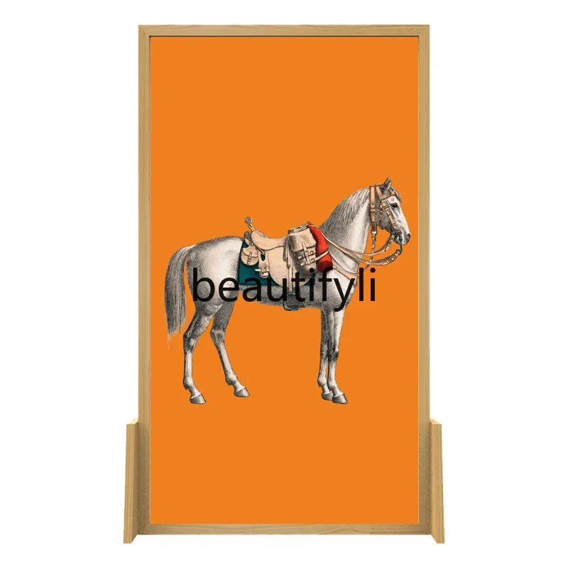 

Nordic light luxury solid wood mobile screen partition living room entrance restaurant British oil painting horse seat scr