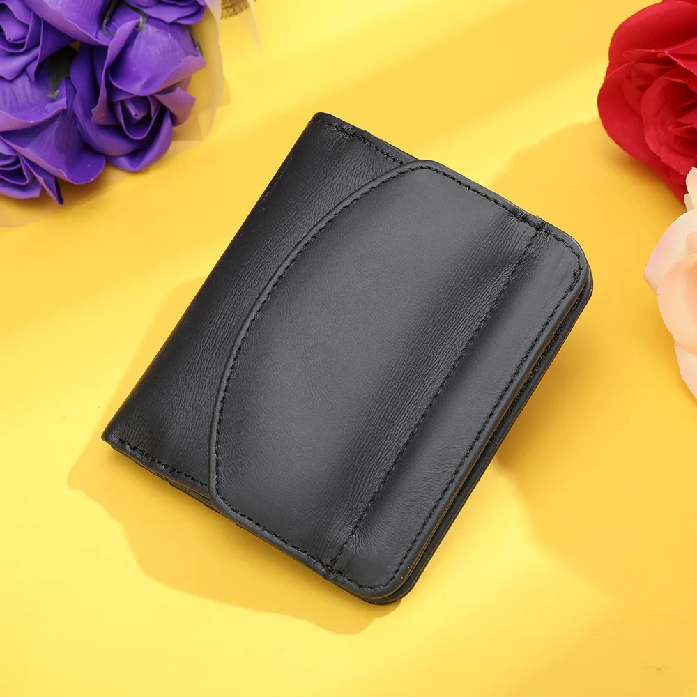 New Women Genuine Leather Mini Wallet RFID Folding Simple Ultra-thin Small Soft Cowhide Wallet Female Card Holder Coin Bags