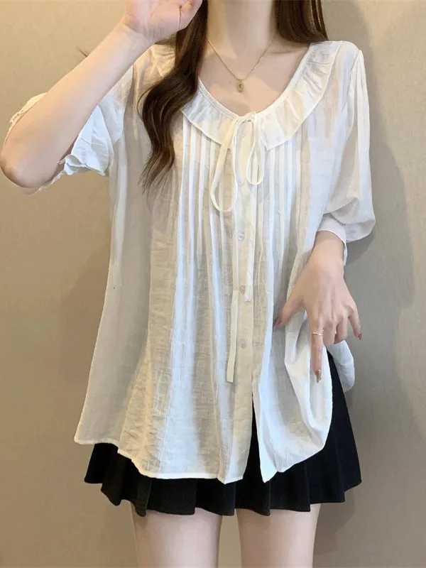 

Sweet Pleated ort Sve irt Women's Summer New Loose Doll irt High Waist Korean Sle Button Detail High Ne Design