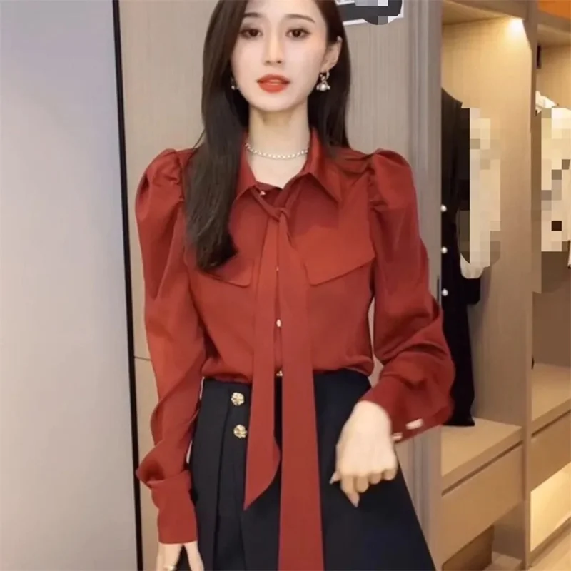 Damska koszula/kurtka na wiosnę i jesień, jednolity kolor, styl casual, modna, z długim rękawem, z kokardą, bluzka/kardigan z bufiastymi rękawami.