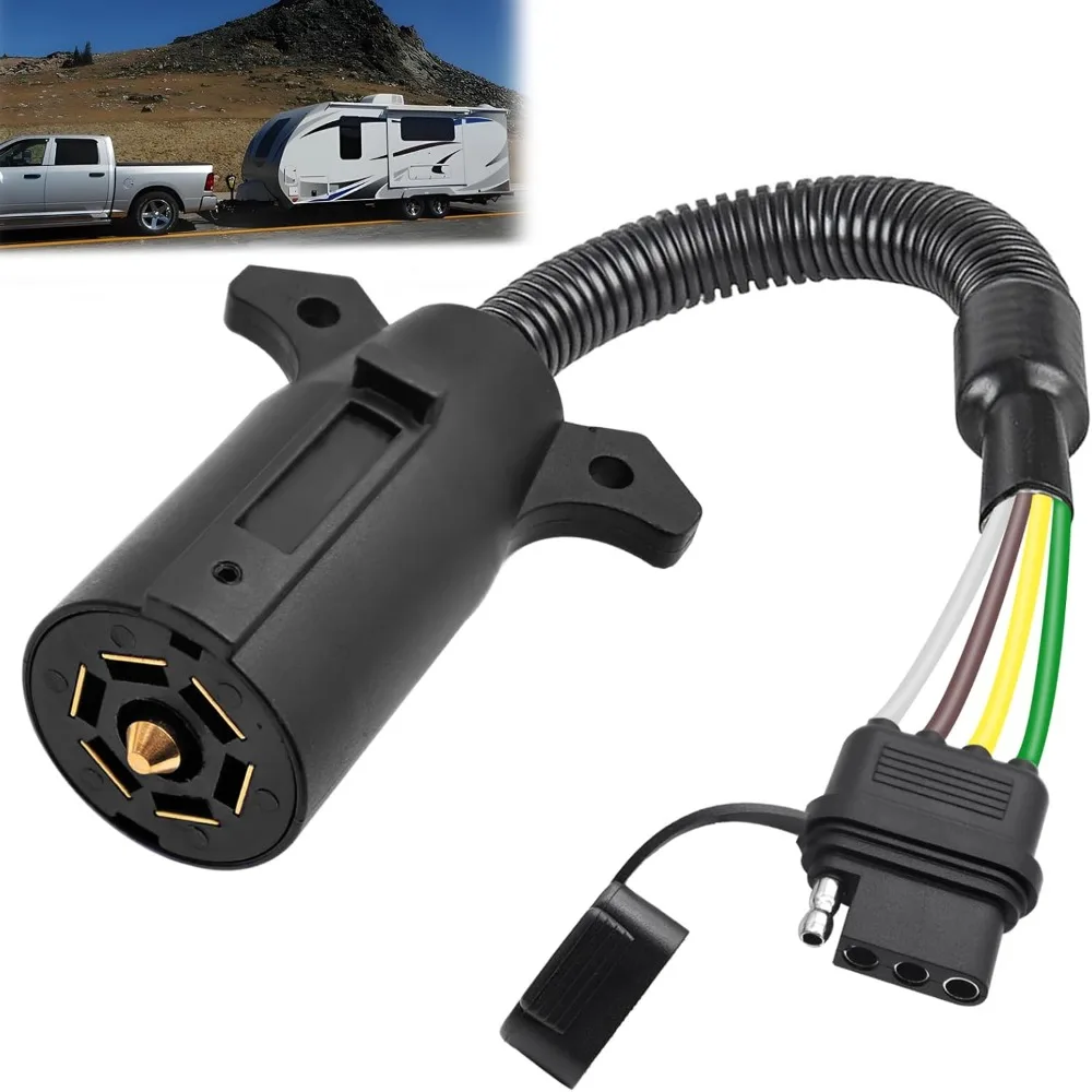 7 Way Round To 4 Way Flat Trailer Plug Adapter Fits For Trailer RV Blade Car Side 7 Pin To 4 Pin Plug And Play Stretchable Wire