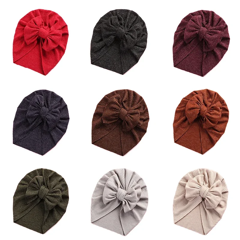 

0-4 Years Super Elastic Baby Bows Turban Hats Solid Ribbed Baby Girls Beanies Striped Thin Caps Bonnet Newborn Children Headwrap