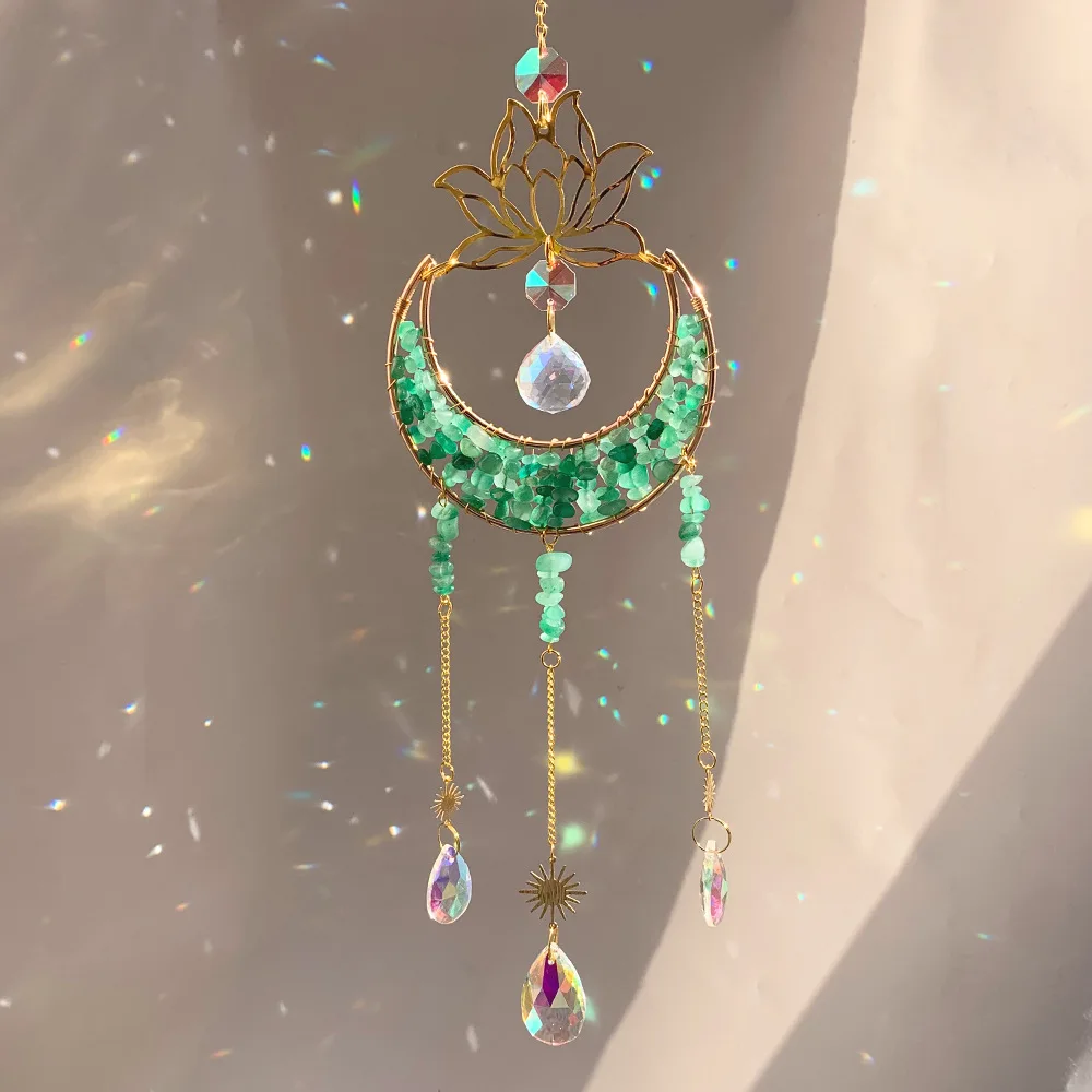 Custom Green Aventurine Crystal Sun Catcher - Lotus Moon Gold Frame Raw Stone Chip Hanging Ornament for Window Decor