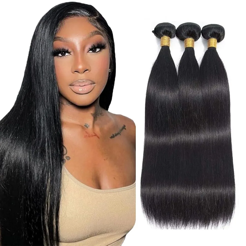 

Натуральные прямые бразильские волосы для наращивания, пучки из человеческих волос Реми, натуральный черный цвет, 10-32 дюйма