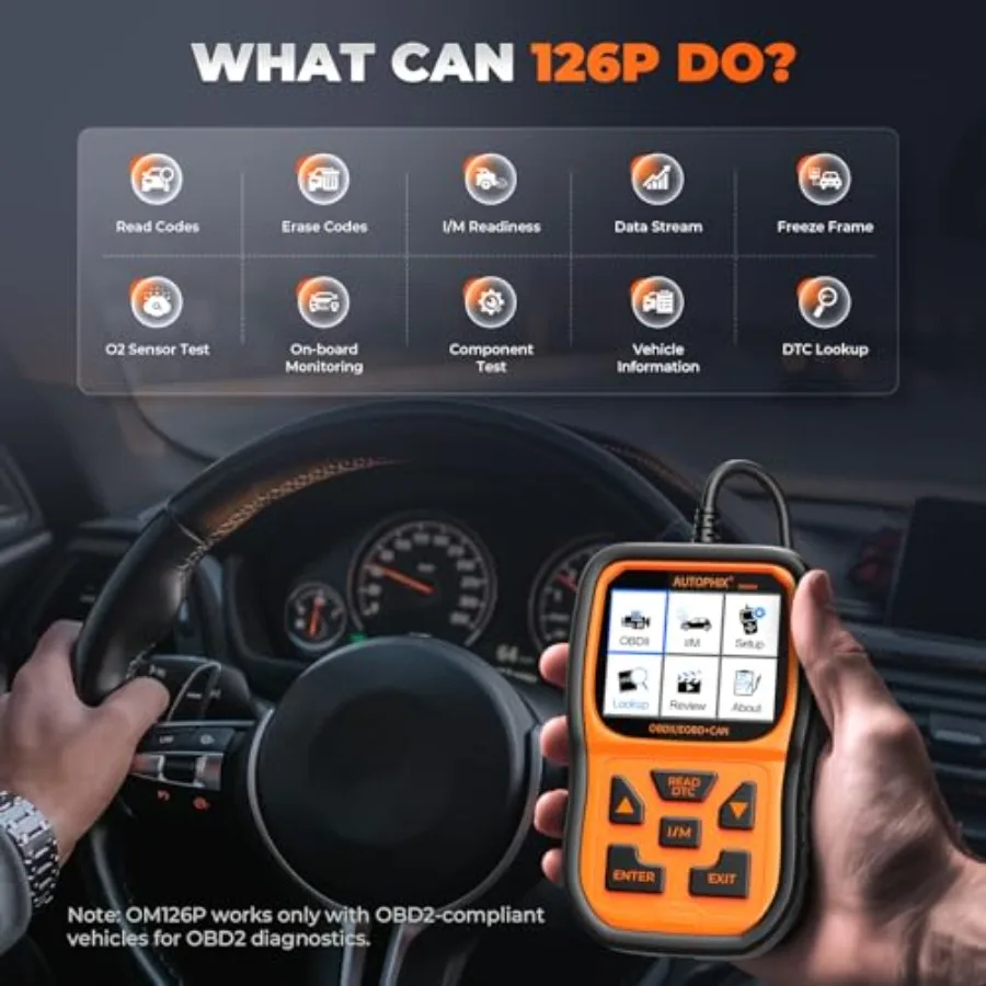 الماسح الضوئي OM126P+ Obd2 لتشخيص السيارات، قراءة وواضحة رموز خطأ المحرك، مراقبة البيانات الحية، تحضير اختبار الضباب الدخاني Com