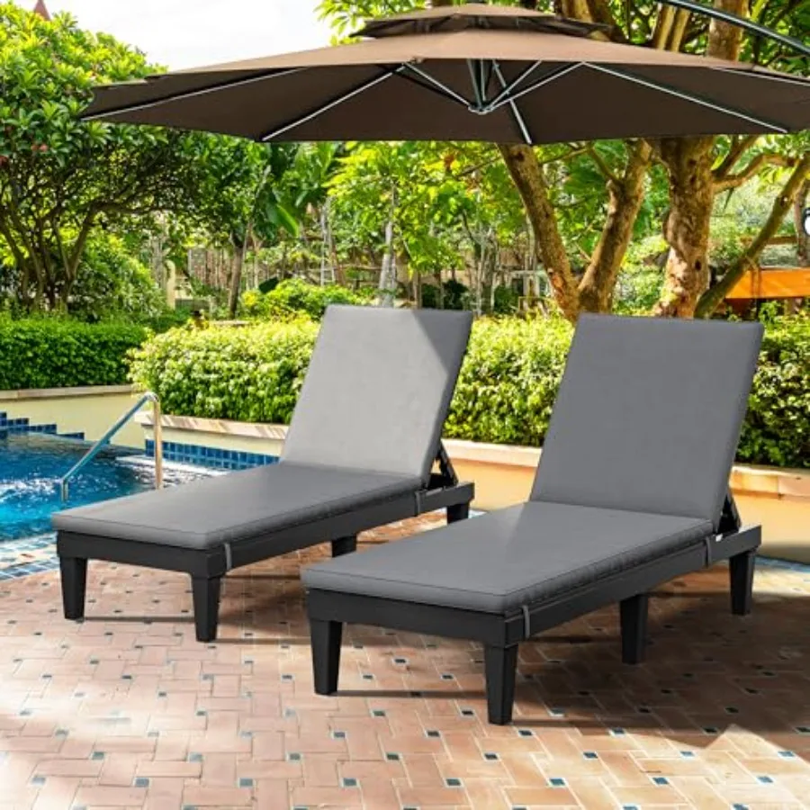 Outdoor Chaise Lounge Chair, Plastic Pool Chaise Lounge with Cushions and 5-Position Backrest, Easy Assembly and Waterproof for view 6