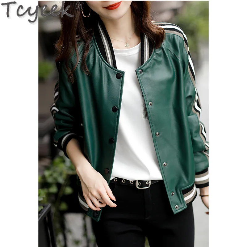 Tcyeek Veste en cuir véritable pour femme, manteau en peau de mouton véritable, vêtements de printemps et d'automne, vestes décontractées, combinaison de baseball, 2024