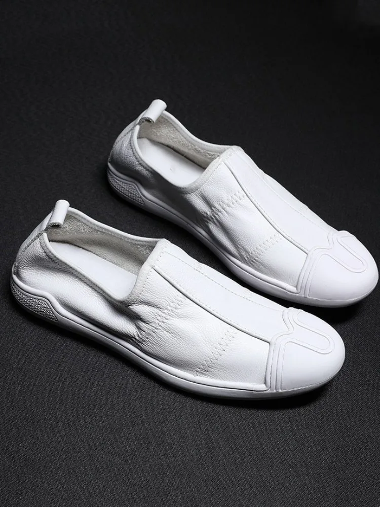 Summer Footwear Mens Genuine Leather Loafers  Black White Walking Shoes Round Toe Slip-On Fashion Breathable Casual  sneakers