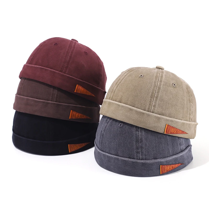 Top Washed Docker Cap Without Visor Letter Lable Brimless Caps Retro Solid Color Men Women Beanie Hat Vintage Style New Style