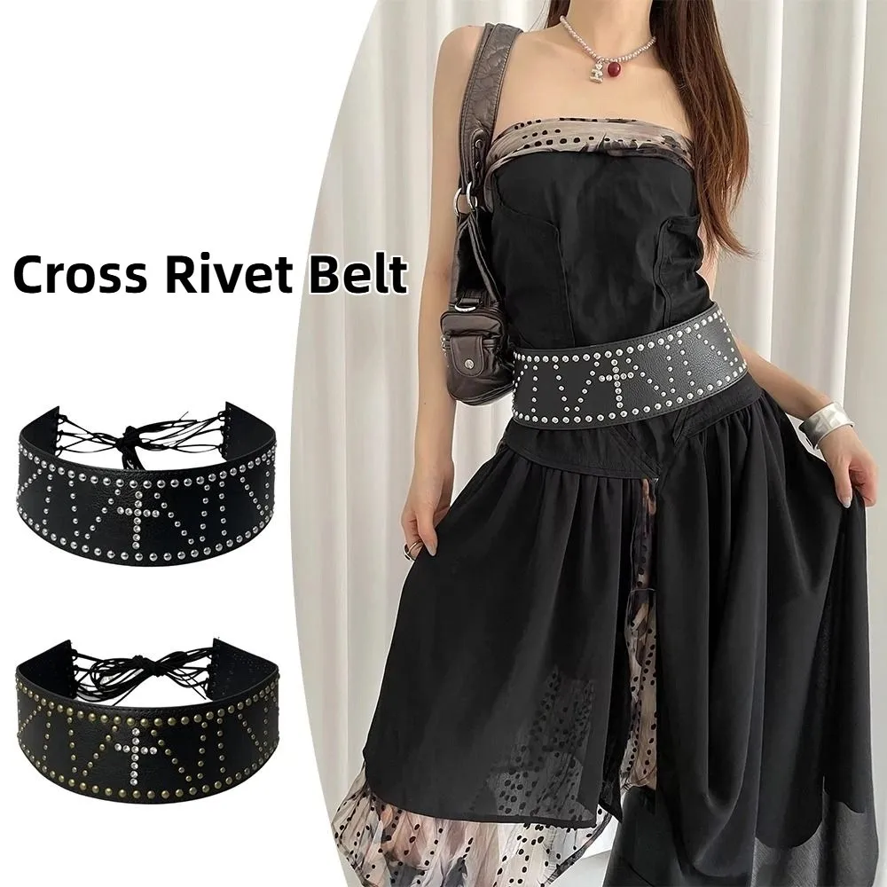 

Trendy Vintage Cross Rivet Belt Y2k Heavy-Duty Leather Waist Belt Wide Black Women's Dress Belt Spicy Girls