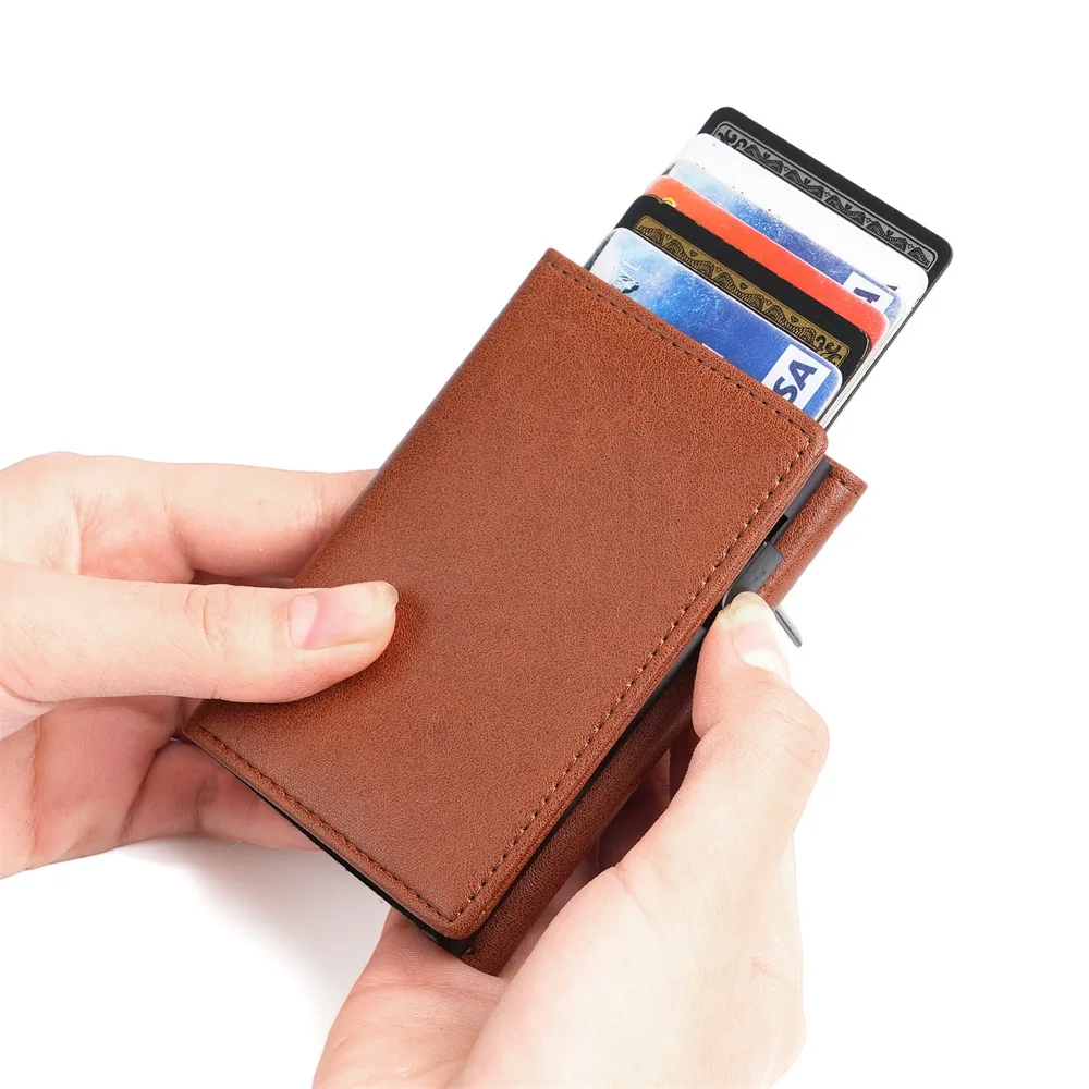 Vintage Man's Short Wallet RFID Aluminum Box Elastic Card Multi Slot Anti Magnetic Card Cover Wallet Card Box Zipper