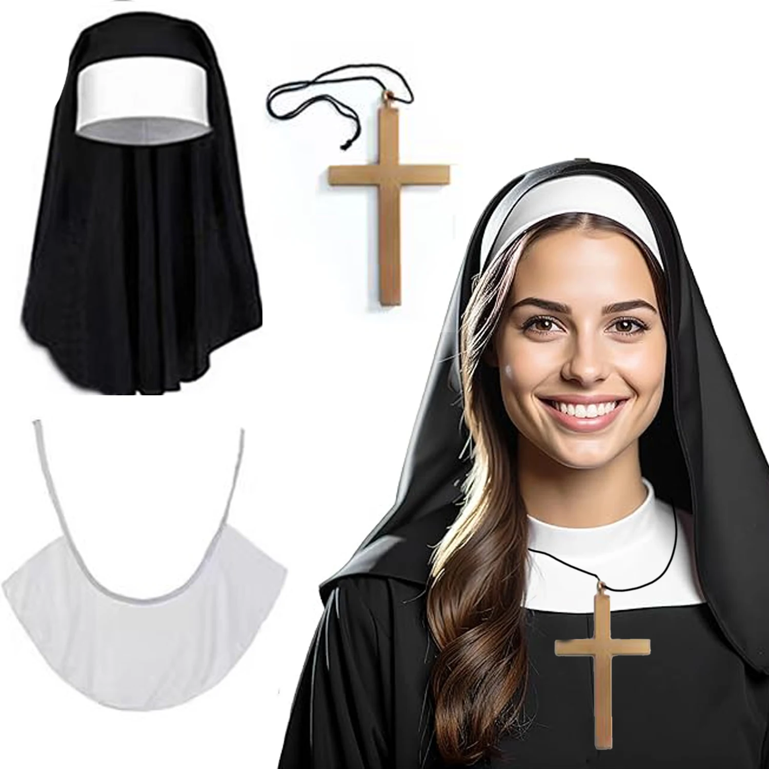 Acessórios de fantasia de festa de terror, fantasia de freira de filme de terror, roupa de freira preta Valak, colar de cruz de sacerdote conjunto de festa de três peças