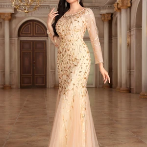 JINZUO-Vestidos De Noite De Manga Completa Com Apliques De Renda, Vestido De Sereia Tamanho Grande, O-Gola, Vestido De Festa Longo, 2024 10 principais vendas vestido longo de festa bordado - №4