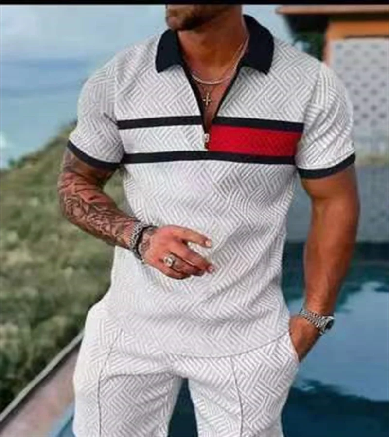 2024 Summer New style Men\'s Striped Digital Printed T-shirt Two-piece Sports Fitness polo Casual Men\'s Suit