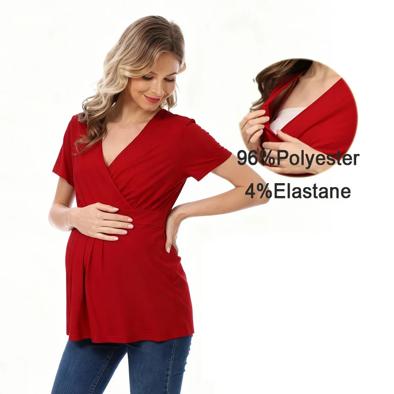 Summer Maternity T-Shirt plus Size V-Neck Breastfeeding Top for Pregnant Women Good Stretch Postpartum Clothes
