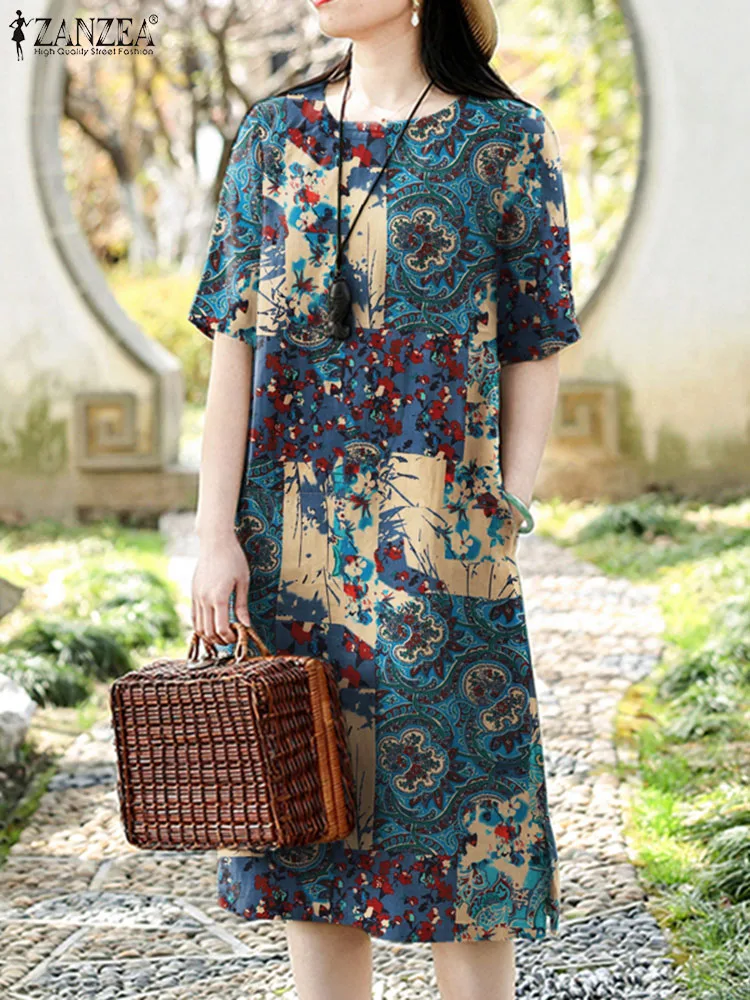 ZANZEA 夏カジュアル花柄プリントドレス女性半袖 O ネックドレスボヘミアンホリデーサンドレスエレガントな OL 作業 Vestidos