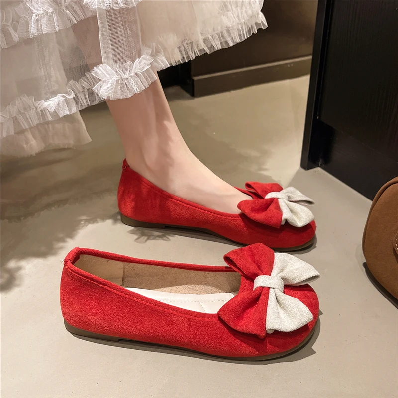 

Милые женские туфли на плоской подошве, летние классические туфли без шнуровки с круглым носком для женщин, однотонные милые повседневные туфли из флока с узлом-бабочкой, большие размеры