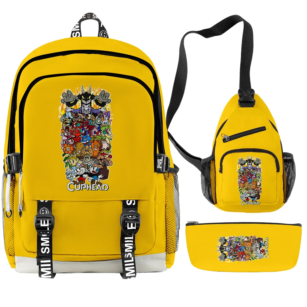 

Luxury Popular Anime Cuphead 3D Print 3pcs/Set Student School Bags multifunction Travel Backpack Chest Bag Pencil Case