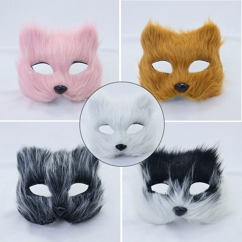 1PC Halloween Cosplay Party Costume DIY Accessories Faux Fur Fox Mask Furry Half Face Animal Simulated Cat Mask