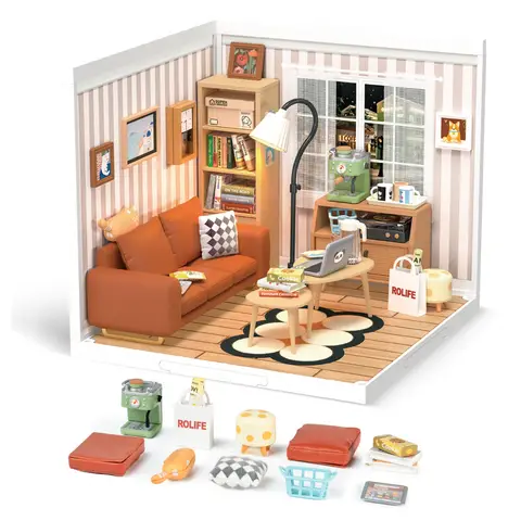 Rolife DIY Miniature House Kit Cozy Living Lounge Super Creator Dollhouse 3D Puzzle Model Building Kit with LED for Home Decor