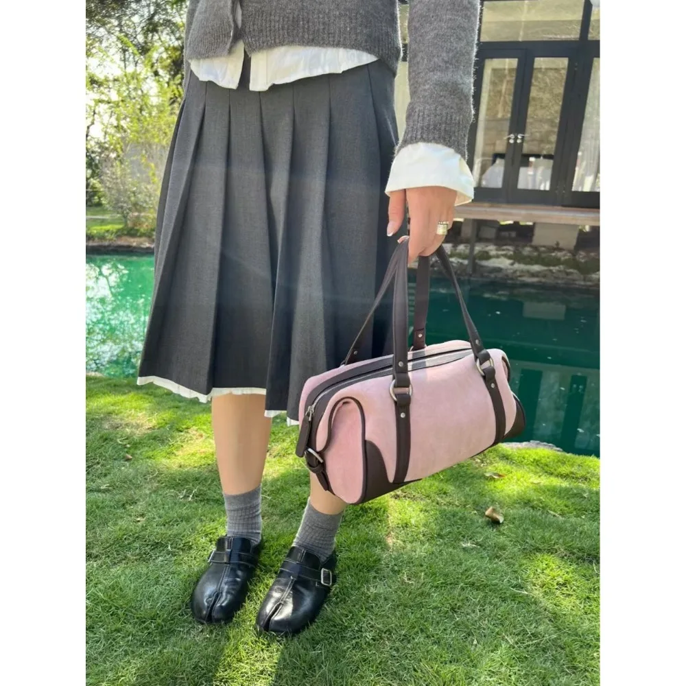 

High Quality 2025 Winter New Retro Niche Suede Pleated Small Square Bag Commuter Boston Bag Exquisite Portable Messenger Bag