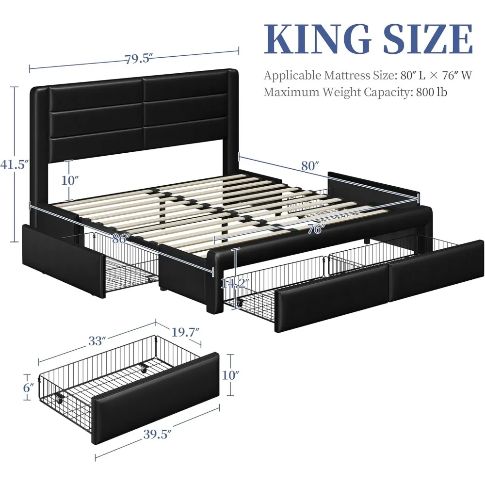 إطار سرير بحجم كينغ من Yaheetech مع 2 محطة شحن USB/منفذ لأدراج تخزين من النوع A&Type C/4 ومنصة منجدة من الجلد