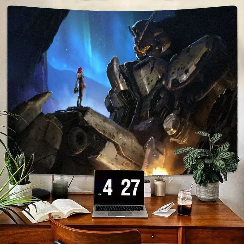 1개 대형 장갑 로봇 & 빨간 머리 인간 별이 빛나는 밤 공상과학 태피스트리, 오로라 암석 표면 벽 장식, 창의적인 작품에 적합